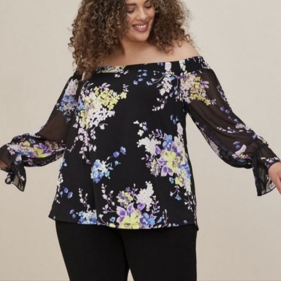 1X - Torrid • Studio Knit Off-Shoulder Smocked With Chiffon Sleeves Swing Top - Picture 1 of 1